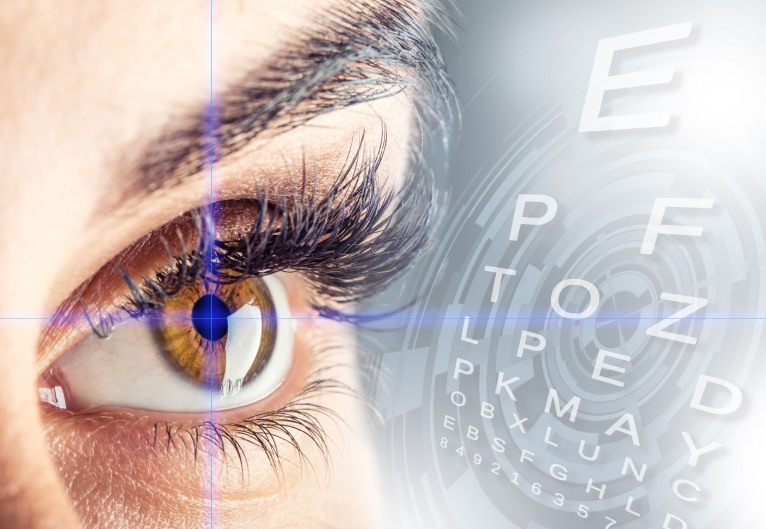 Close-up of woman's beautiful female eye and Alphabetical eye test.